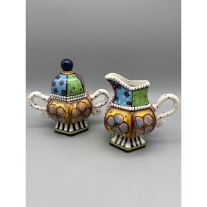 Studio Designworks Covered Sugar Bowl & Creamer‎ Whimsical Hand Painted Colorful